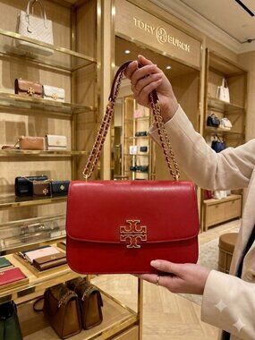 Tory Burch Red Leather Chain Crossbody with Gold Logo